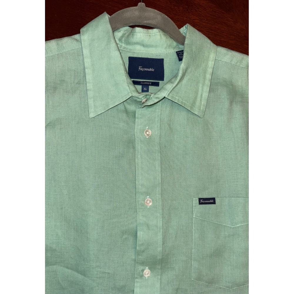 Façonnable 100% Linen Shirt Mens XL Green Classique Short Sleeve‎ Summer Beach